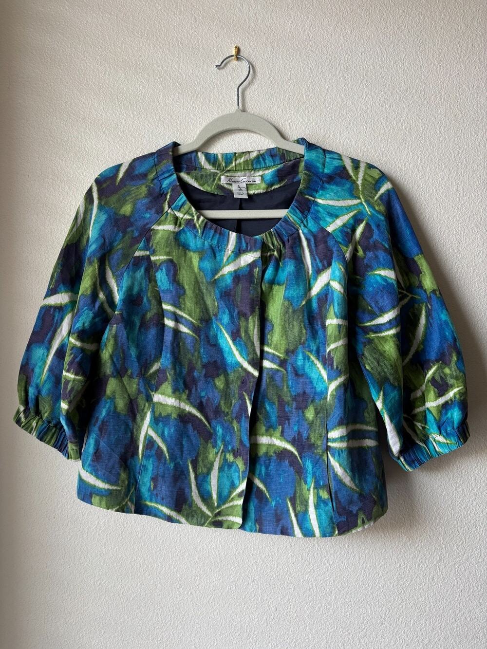 Kenneth Cole Linen Silk Watercolor Studio Jacket 8P 3/4 Sleeve Artsy Tropical